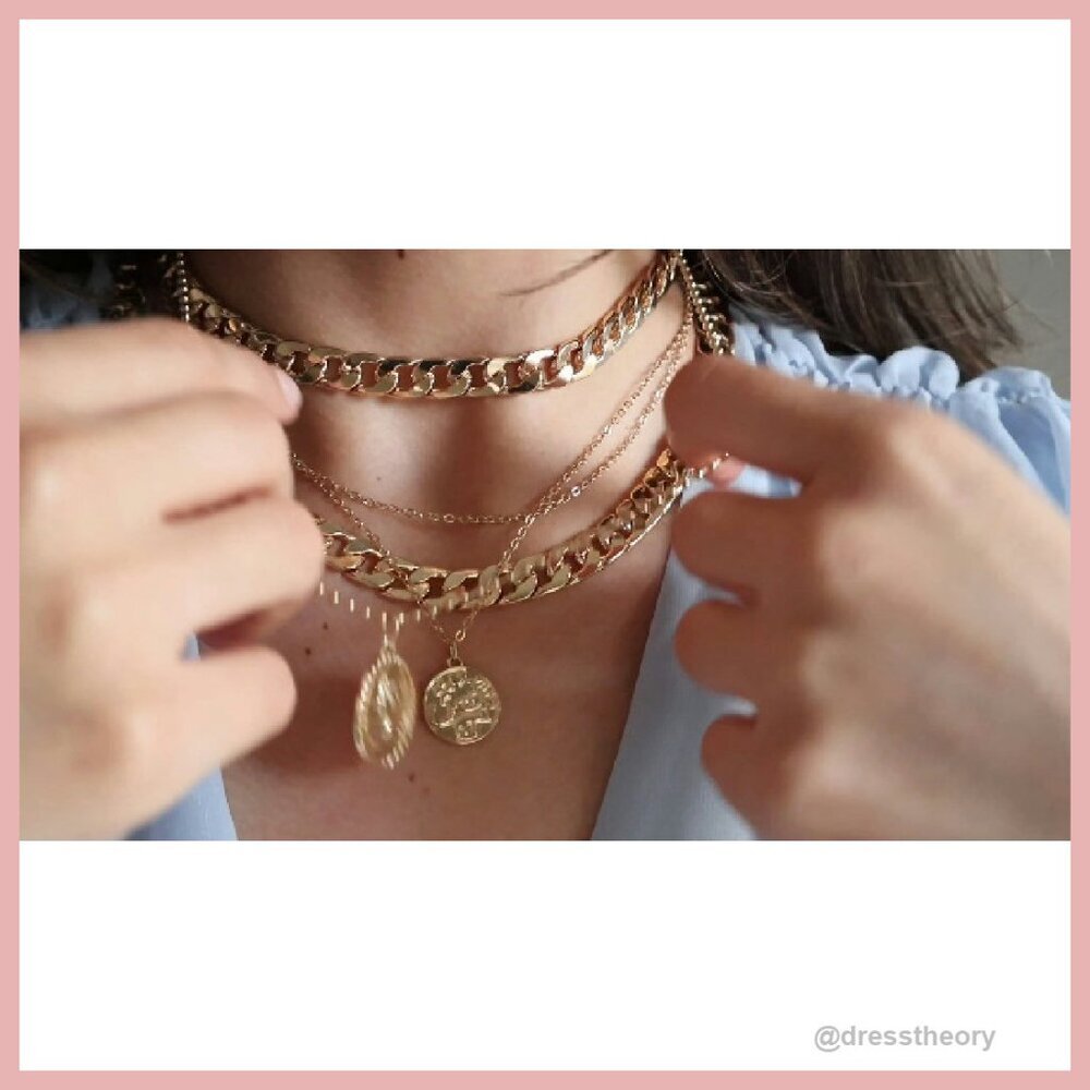 Layered Coin Pendant Necklace Set with Chunky Chain - Picture 8 of 8